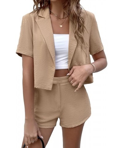 Women's 2 Piece Outfits Single Linen Button Short Sleeve Crop Blazer and Shorts Set Summer Vacation Set Khaki $13.33 Jumpsuits