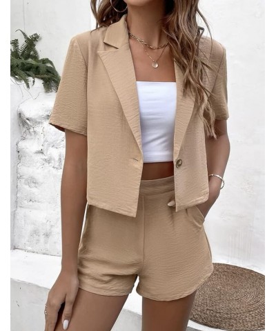 Women's 2 Piece Outfits Single Linen Button Short Sleeve Crop Blazer and Shorts Set Summer Vacation Set Khaki $13.33 Jumpsuits