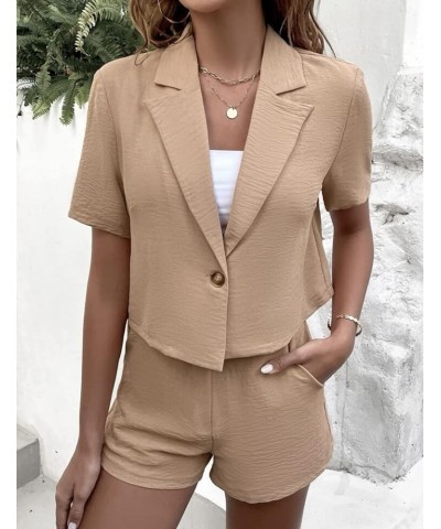 Women's 2 Piece Outfits Single Linen Button Short Sleeve Crop Blazer and Shorts Set Summer Vacation Set Khaki $13.33 Jumpsuits