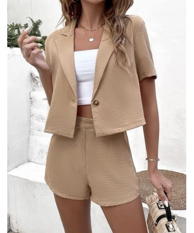 Women's 2 Piece Outfits Single Linen Button Short Sleeve Crop Blazer and Shorts Set Summer Vacation Set Khaki $13.33 Jumpsuits