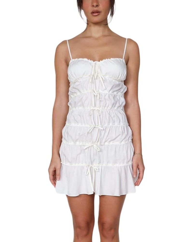 Women Summer Y2k Sling Dress Sleeveless Sexy Spaghetti Straps Lacing Pleated See-Through Party Night Mini Dress White $7.48 D...