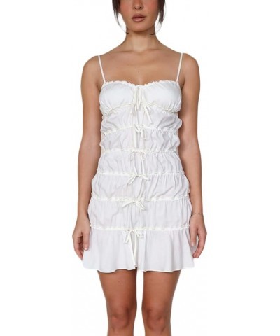 Women Summer Y2k Sling Dress Sleeveless Sexy Spaghetti Straps Lacing Pleated See-Through Party Night Mini Dress White $7.48 D...