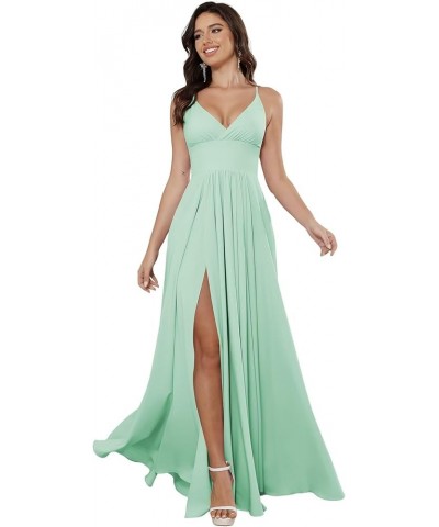 Women's Spaghetti Strap Bridesmaid Dresses Long with Slit Ruched Formal Party Dress with Pockets CM255 Mint $22.08 Dresses