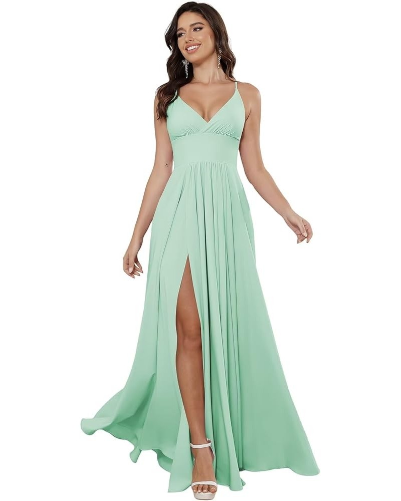 Women's Spaghetti Strap Bridesmaid Dresses Long with Slit Ruched Formal Party Dress with Pockets CM255 Mint $22.08 Dresses