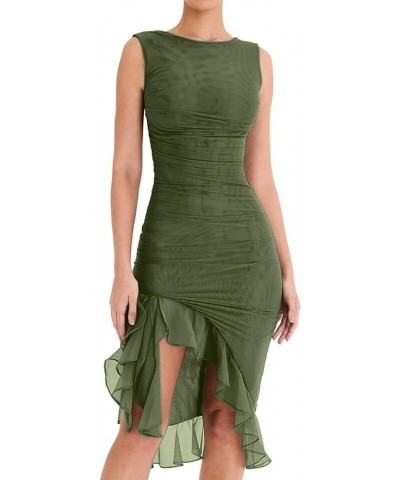 Women's Ruffle Midi Bodycon Dress Sleeveless Backless Mesh Ruched Bodice Mermaid Evening Cocktail Party Dresses Army Green $1...