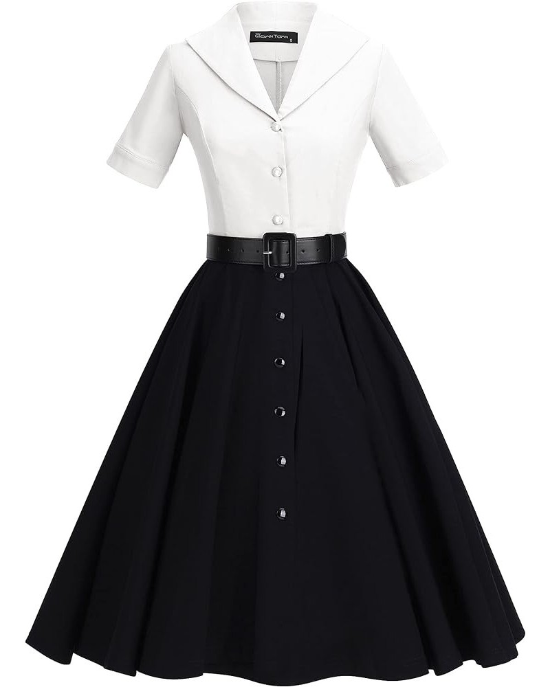 1950 Women Dress Midi Shirt Dress Cocktail Dress with Belt Ivory&black $26.99 Dresses