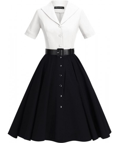 1950 Women Dress Midi Shirt Dress Cocktail Dress with Belt Ivory&black $26.99 Dresses