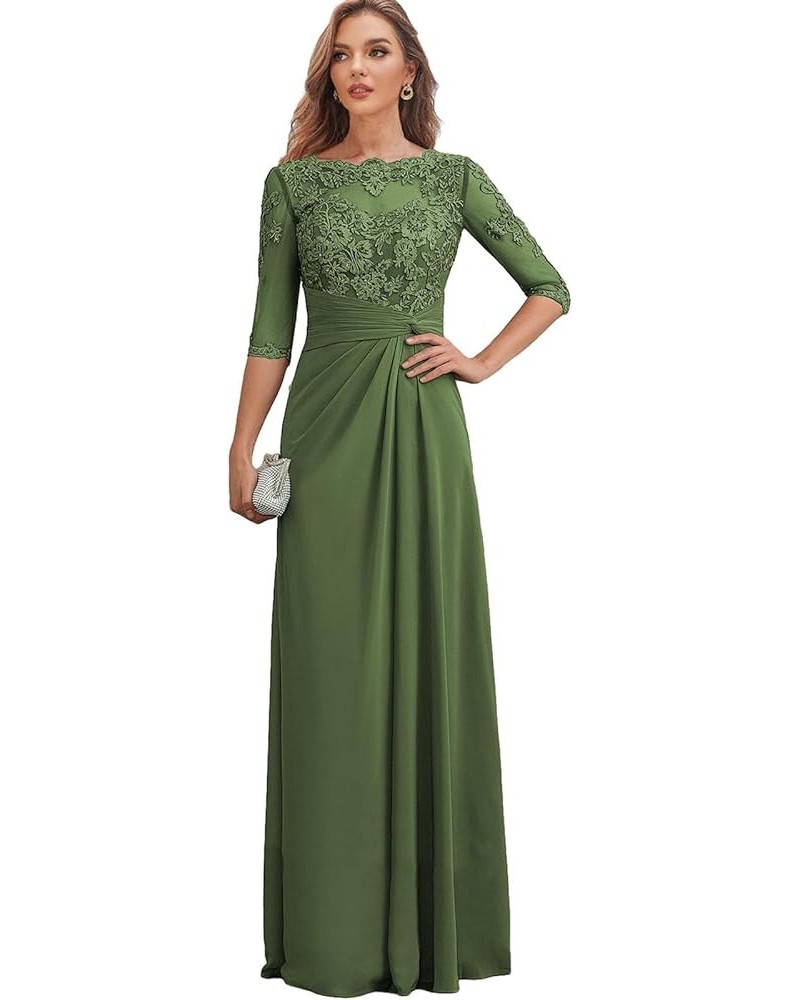 Long Mother of The Bride Dresses with Sleeves Ruched Chiffon Wedding Guest Dress Lace Formal Gown Olive Green $36.40 Dresses