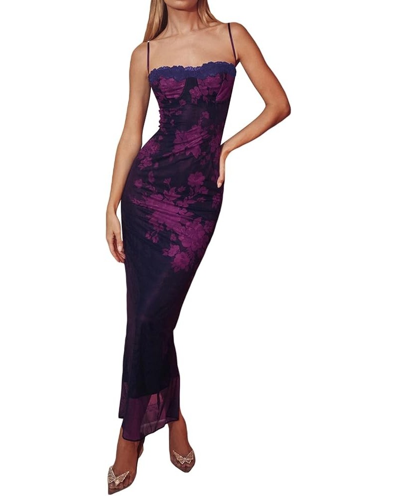 Women Spaghetti Strap Sleeveless Bodycon Long Dress Satin Backless Cut Out High Split Maxi Dress Party Club Dress Purple 1169...