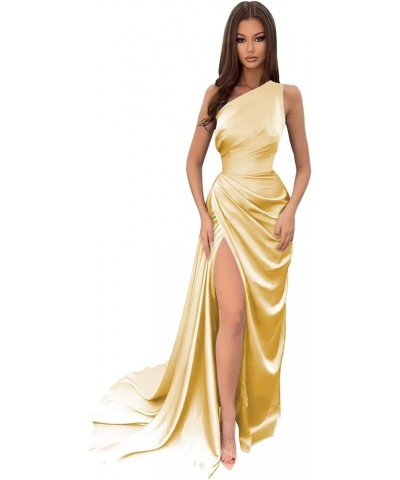 One Shoulder Satin Prom Dresses Long Wrap with Split Mermaid Pleated Formal Evening Gowns Gold $27.30 Dresses