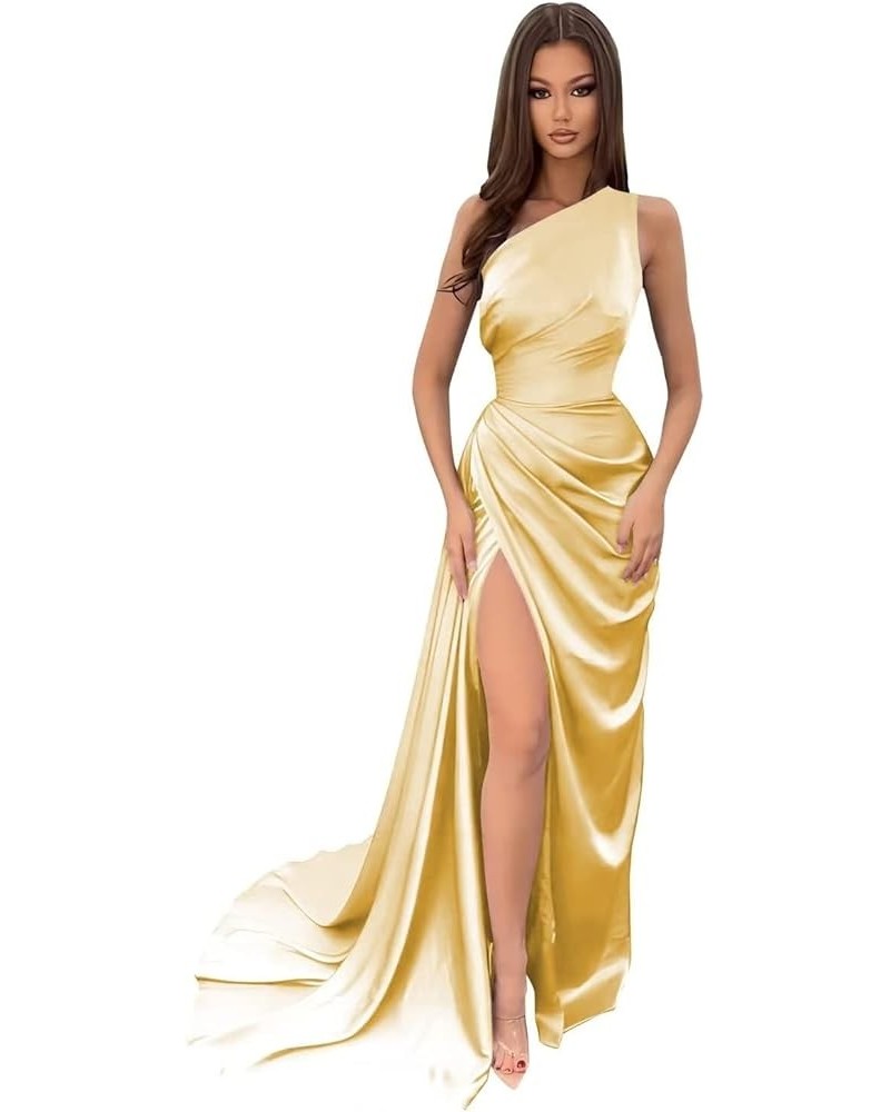 One Shoulder Satin Prom Dresses Long Wrap with Split Mermaid Pleated Formal Evening Gowns Gold $27.30 Dresses