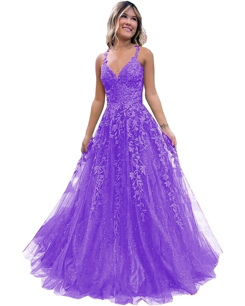 Glitter Tulle Prom Dresses for Women 2024 Lace Appliques Long Ball Gwons with Spaghetti Straps A-Line Evening Dresses Purple ...