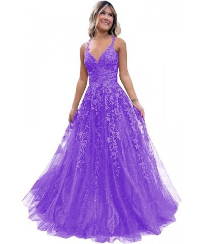 Glitter Tulle Prom Dresses for Women 2024 Lace Appliques Long Ball Gwons with Spaghetti Straps A-Line Evening Dresses Purple ...