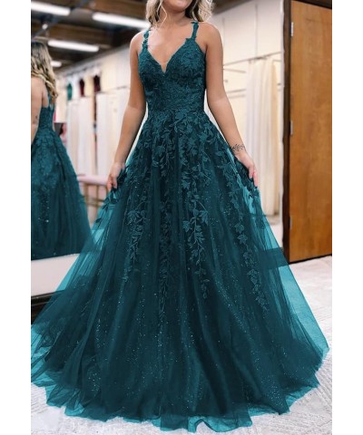 Glitter Tulle Prom Dresses for Women 2024 Lace Appliques Long Ball Gwons with Spaghetti Straps A-Line Evening Dresses Purple ...