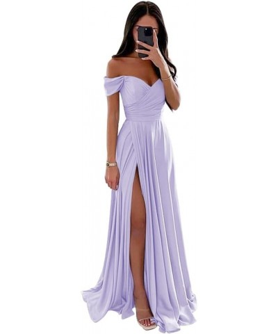 Off Shoulder Bridesmaid Dresses for Women Ruched Satin Formal Party Gown Split A Line Maxi Dress TB644 Lavender $22.55 Dresses