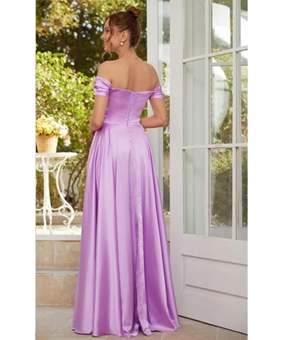 Off Shoulder Bridesmaid Dresses for Women Ruched Satin Formal Party Gown Split A Line Maxi Dress TB644 Lavender $22.55 Dresses