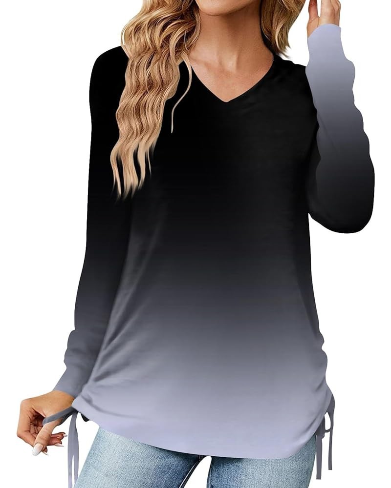 Blouses for Women, Gradient Sexy v Neck Long Sleeve lace up Casual Tunic Tops Fall Trendy Holiday Going Out Shirts 1-black $1...