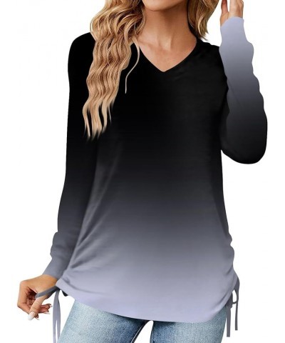 Blouses for Women, Gradient Sexy v Neck Long Sleeve lace up Casual Tunic Tops Fall Trendy Holiday Going Out Shirts 1-black $1...