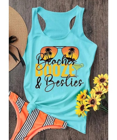 Beaches Booze & Besties Racerback Tank Tops Women O-Neck Summer Vacation Funny Sunglasses Graphic Letter Print Tank top Cyan ...