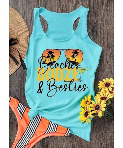 Beaches Booze & Besties Racerback Tank Tops Women O-Neck Summer Vacation Funny Sunglasses Graphic Letter Print Tank top Cyan ...