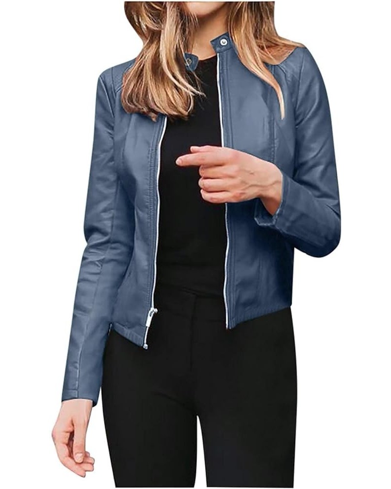 Women's Cropped Leather Jackets Zipper Long Sleeve Slim fit Motorcycle Coats Outerwear S-5XL Navy $10.19 Coats