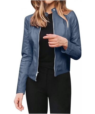 Women's Cropped Leather Jackets Zipper Long Sleeve Slim fit Motorcycle Coats Outerwear S-5XL Navy $10.19 Coats