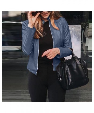 Women's Cropped Leather Jackets Zipper Long Sleeve Slim fit Motorcycle Coats Outerwear S-5XL Navy $10.19 Coats