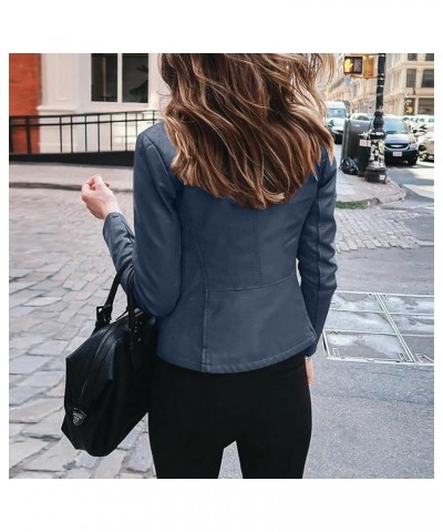 Women's Cropped Leather Jackets Zipper Long Sleeve Slim fit Motorcycle Coats Outerwear S-5XL Navy $10.19 Coats