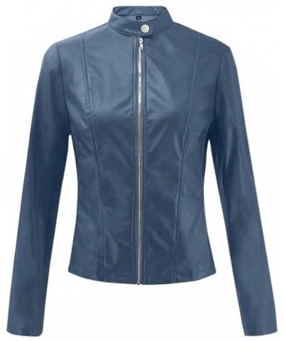 Women's Cropped Leather Jackets Zipper Long Sleeve Slim fit Motorcycle Coats Outerwear S-5XL Navy $10.19 Coats