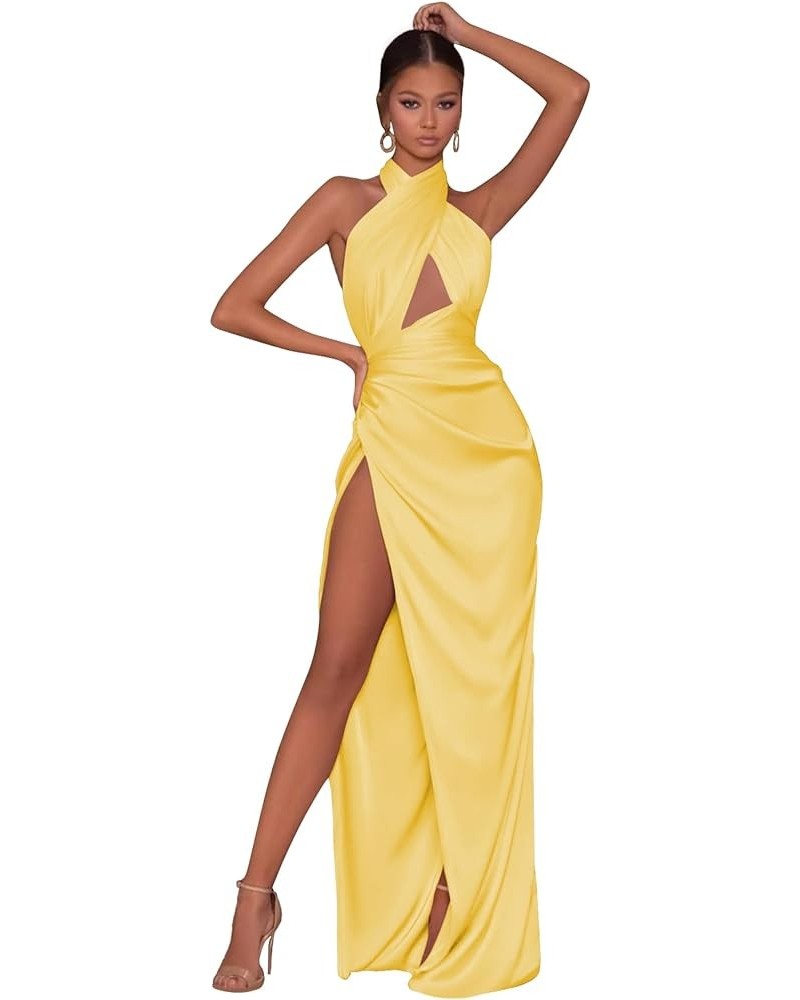 Halter Prom Dresses for Teens 2024 with Slit Satin Mermaid Bridesmaid Dress for Women Long Formal Evening Gown Yellow $32.44 ...