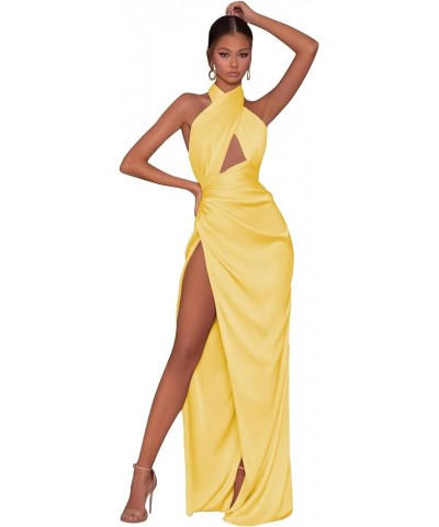 Halter Prom Dresses for Teens 2024 with Slit Satin Mermaid Bridesmaid Dress for Women Long Formal Evening Gown Yellow $32.44 ...