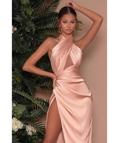 Halter Prom Dresses for Teens 2024 with Slit Satin Mermaid Bridesmaid Dress for Women Long Formal Evening Gown Yellow $32.44 ...