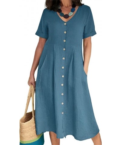 Women's Casual V Neck Button Down Cotton Linen Dress Short Sleeve Midi Length Loose Summer Dresses with Pockets Sky Blue $18....