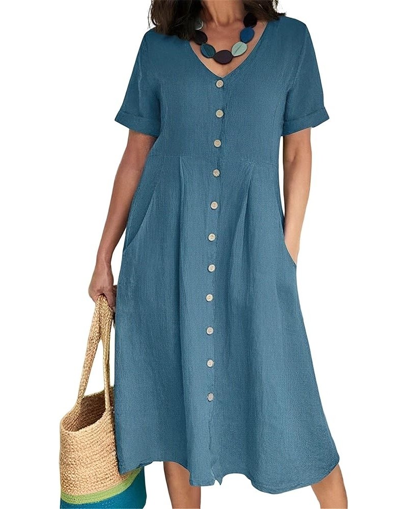 Women's Casual V Neck Button Down Cotton Linen Dress Short Sleeve Midi Length Loose Summer Dresses with Pockets Sky Blue $18....