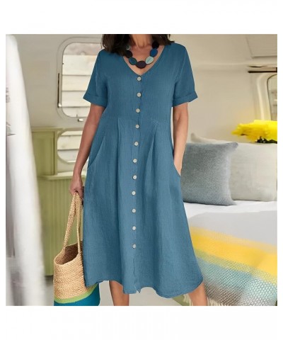 Women's Casual V Neck Button Down Cotton Linen Dress Short Sleeve Midi Length Loose Summer Dresses with Pockets Sky Blue $18....