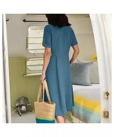 Women's Casual V Neck Button Down Cotton Linen Dress Short Sleeve Midi Length Loose Summer Dresses with Pockets Sky Blue $18....