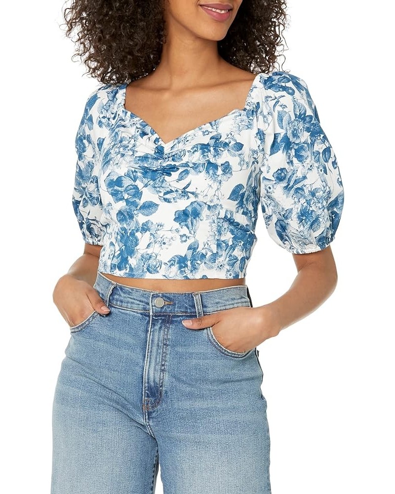 Women's Annie Sweetheart Neckline Puff-Sleeve Smocked Back Top Blue Floral $24.91 Blouses