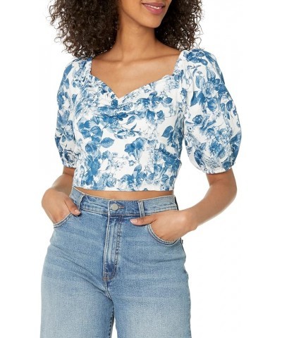 Women's Annie Sweetheart Neckline Puff-Sleeve Smocked Back Top Blue Floral $24.91 Blouses