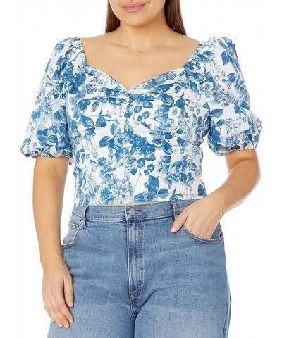 Women's Annie Sweetheart Neckline Puff-Sleeve Smocked Back Top Blue Floral $24.91 Blouses