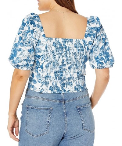 Women's Annie Sweetheart Neckline Puff-Sleeve Smocked Back Top Blue Floral $24.91 Blouses