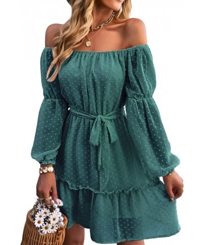 Women Dress Off Shoulder Chiffon Ladies Dress Elastic Neck Long Sleeve Dress with Lining and Waistband Green $20.51 Dresses