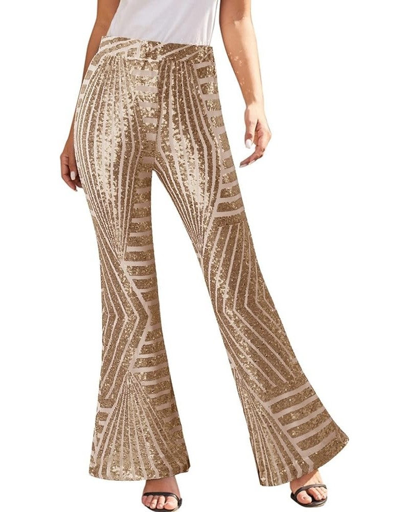 Sequin Pants Women High Waisted Sequin Wide Leg Sparkle Pants Loose Shiny Party Clubwear Bling Glitter Trousers Pants Z5-khak...