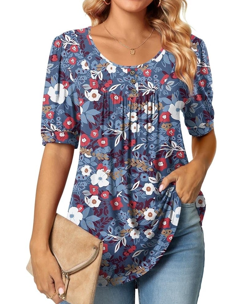 2024 Puff Short Sleeve Fashion Casual elbow sleeve tunic tops for leggings 11-pp-colorful Floral Blue $12.45 Tops