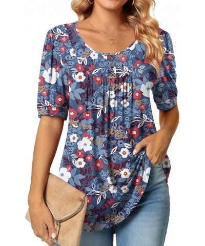 2024 Puff Short Sleeve Fashion Casual elbow sleeve tunic tops for leggings 11-pp-colorful Floral Blue $12.45 Tops