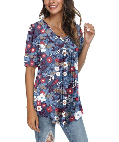 2024 Puff Short Sleeve Fashion Casual elbow sleeve tunic tops for leggings 11-pp-colorful Floral Blue $12.45 Tops