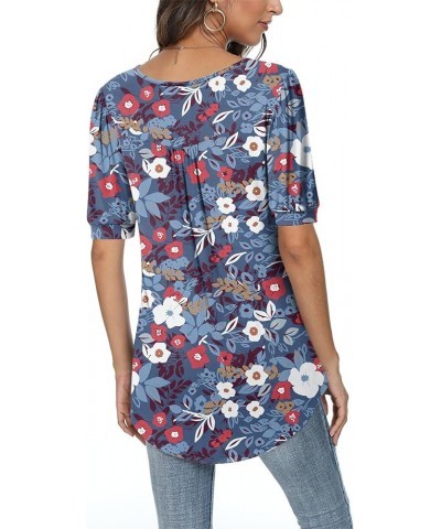 2024 Puff Short Sleeve Fashion Casual elbow sleeve tunic tops for leggings 11-pp-colorful Floral Blue $12.45 Tops