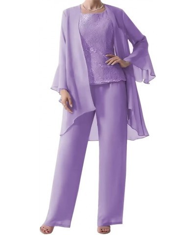 3 Pieces Mother of The Bride Dresses Pant Suits with Jacket Chiffon Lace Long Formal Evening Dress Lilac $25.42 Suits