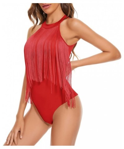 Women's Fringe Trim Sleeveless Cami Body Suits Concert Outfits Halter Bodysuit Tank Top Disco Outfit Red $13.99 Bodysuits