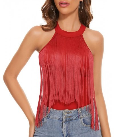 Women's Fringe Trim Sleeveless Cami Body Suits Concert Outfits Halter Bodysuit Tank Top Disco Outfit Red $13.99 Bodysuits