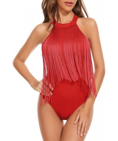 Women's Fringe Trim Sleeveless Cami Body Suits Concert Outfits Halter Bodysuit Tank Top Disco Outfit Red $13.99 Bodysuits